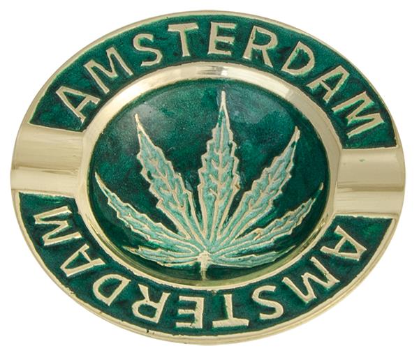 Messing-Aschenbecher rund XS-MINI 7cm, mit 2 Ablagemulden, Amsterdam Leaf grün